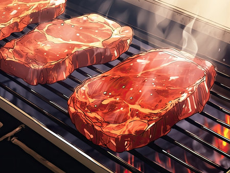 Pork Neck Steaks on a grill, close-up shot - Generative AIの素材