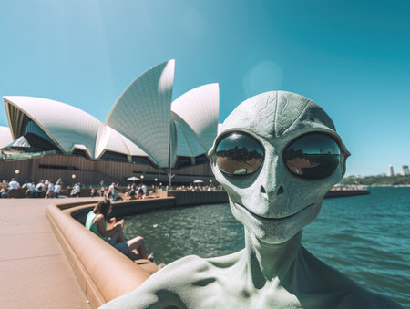 A slim gray Alien with black eyes smiles while taking a selfie in front of Sydney Opera House - Generative AIの素材