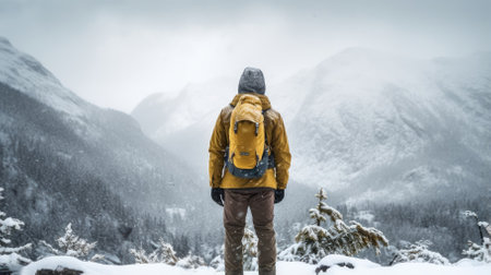 Male hiker, full body, view from behind, standing in a snow storm - Generative AIの素材