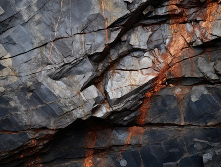Visible veins of silver at the rocky walls of an old mine shaft - Generative AIの素材