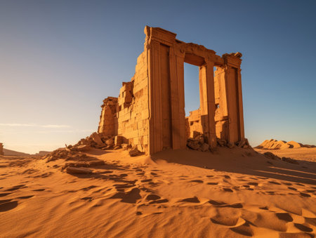 Ruins of an old Temple between golden dunes in a hot desert - Generative AIの素材