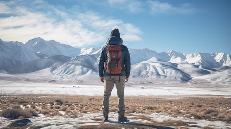 Male hiker, full body, view from behind, standing in a snow desert - Generative AIの素材