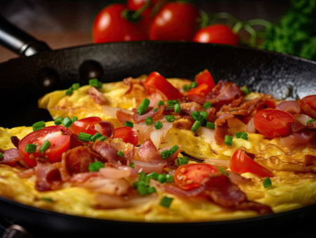 Omelette with onions, tomatoes and ham in a frying pan, close-up shot - Generative AIの素材