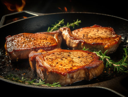 Pork Neck Steaks in a frying pan, close-up shot - Generative AIの素材