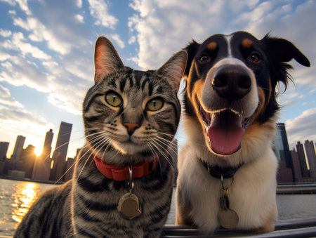 A cute dog and cat both smiles while taking a selfie together in front of New York City silhouette - Generative AIの素材