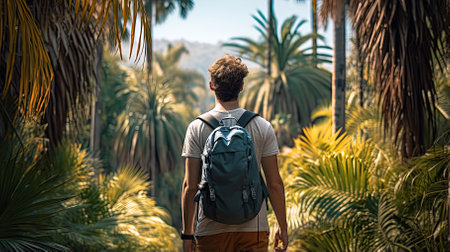 Male hiker, full body, view from behind, walking through a forest of palm trees - Generative AIの素材