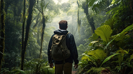 Male hiker, full body, view from behind, walking through the rainforest - Generative AIの素材