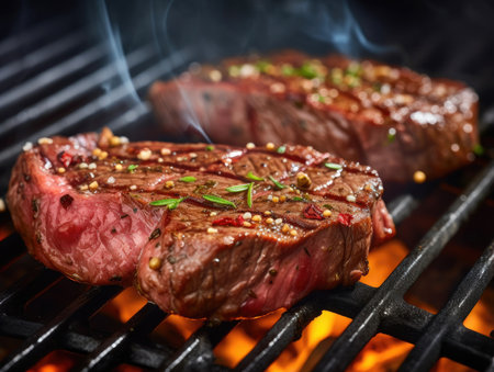 Beef Steak on a grill, close-up shot - Generative AIの素材