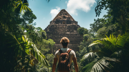 Male hiker, full body, view from behind, standing in front of a big pyramid in the middle of the jungle - Generative AIの素材