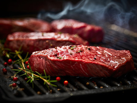 Beef Steak on a grill, close-up shot - Generative AIの素材