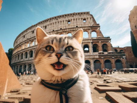 A cute and happy cat smiles while taking a selfie in front of the Colosseum - Generative AIの素材