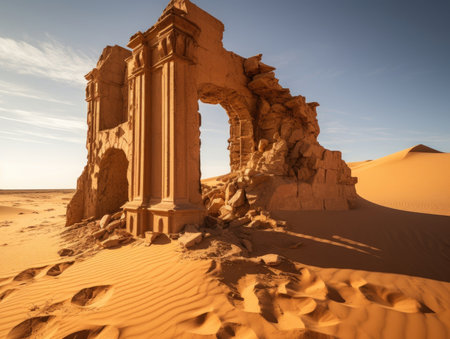 Ruins of an old Temple between golden dunes in a hot desert - Generative AIの素材