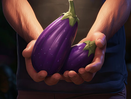 Freshly harvested Eggplant in farmer's hand, close-up shot - Generative AIの素材