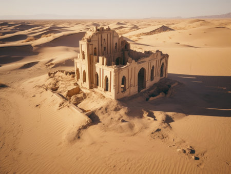 Ruins of an old Temple between golden dunes in a hot desert high altitude aerial view - Generative AIの素材