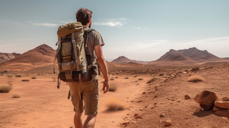 Male hiker, full body, view from behind, walking in the desert - Generative AIの素材