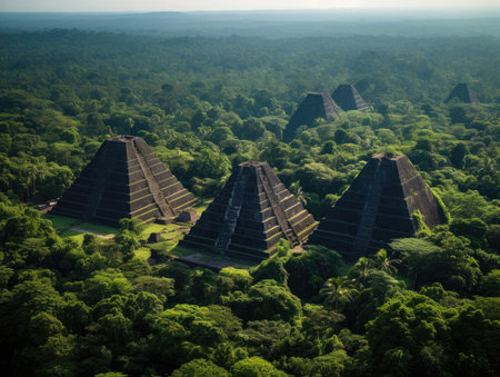 Ancient Pyramids in the middle of tropical rainforest high altitude aerial view - Generative AIの素材