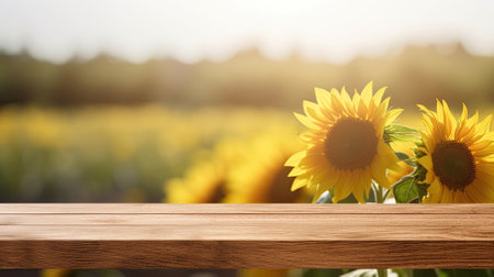 empty wooden table in modern style for product presentation with a blurred sunflower field in the background - Generative AIの素材
