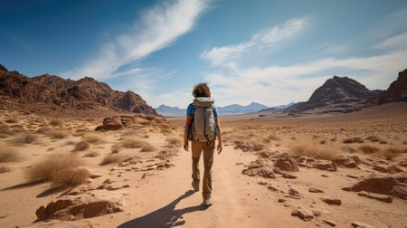 Male hiker, full body, view from behind, walking in the desert - Generative AIの素材