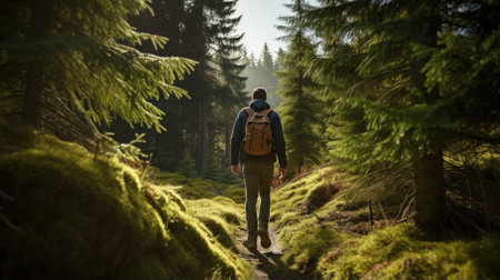 Male hiker, full body, view from behind, walking through a coniferous forest - Generative AIの素材