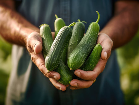 Freshly harvested Cucumbers in farmer's hand, close-up shot - Generative AIの素材