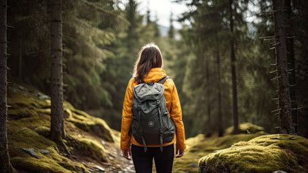 Female hiker, full body, view from behind, walking through a coniferous forest - Generative AIの素材