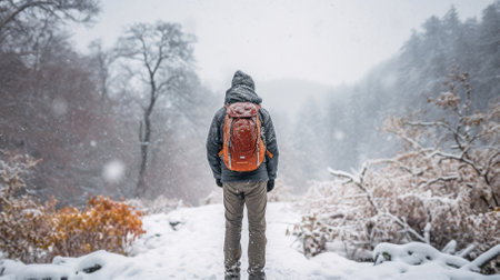 Male hiker, full body, view from behind, standing in a snow storm - Generative AIの素材
