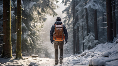 Male hiker, full body, view from behind, walking through a snowy forest - Generative AIの素材
