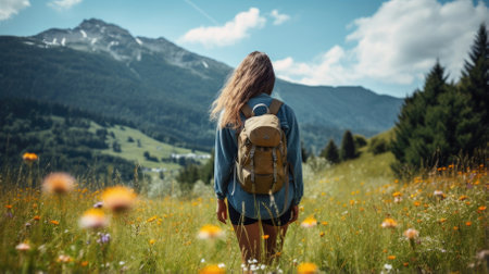 Female hiker, full body, view from behind, standing in a meadow with wildfolwers - Generative AIの素材