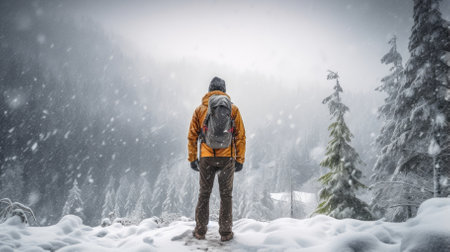 Male hiker, full body, view from behind, standing in a snow storm - Generative AIの素材