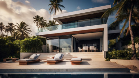 A modern villa at a tropical beach - Generative AIの素材