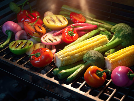 Mixed Vegetables on a grill, close-up shot - Generative AIの素材