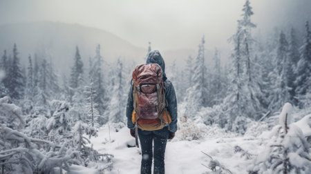 Female hiker, full body, view from behind, standing in a snow storm - Generative AIの素材