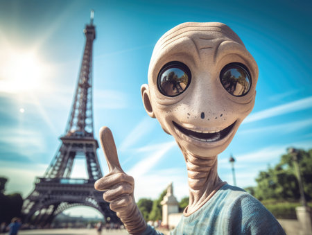 A slim gray Alien with black eyes smiles while taking a selfie in front of the Eiffel Tower - Generative AIの素材