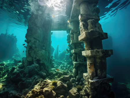 Ruins of an old Temple sunken at the bottom of the ocean - Generative AIの素材