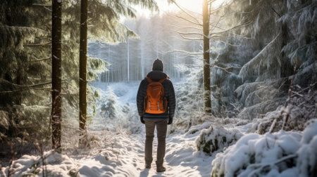 Male hiker, full body, view from behind, walking through a snowy forest - Generative AIの素材