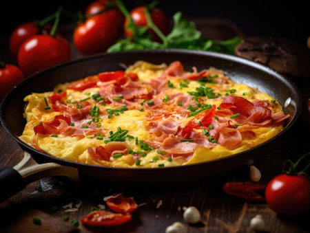 Omelette with onions, tomatoes and ham in a frying pan, close-up shot - Generative AIの素材