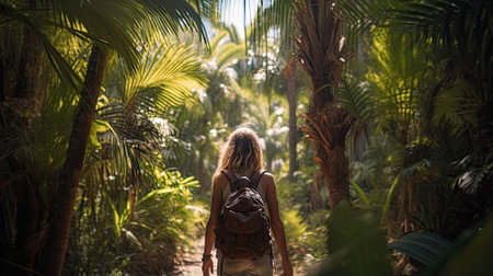 Female hiker, full body, view from behind, walking through a forest of palm trees - Generative AIの素材
