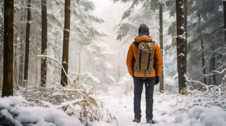 Male hiker, full body, view from behind, standing in a snowy forest - Generative AIの素材