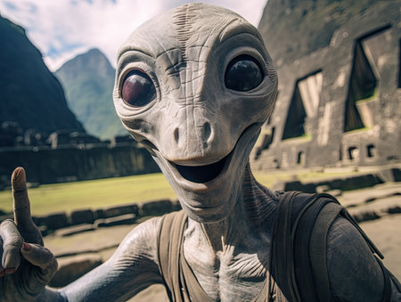 A slim gray Alien with black eyes smiles while taking a selfie in front of Machu Picchu - Generative AIの素材