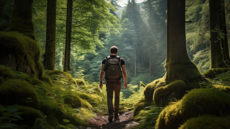 Male hiker, full body, view from behind, walking through a dense forest - Generative AIの素材