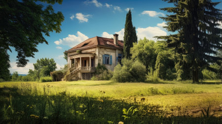 An old villa on a meadow - Generative AIの素材