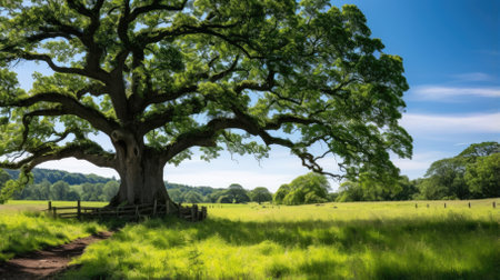 Meadow at summertime and an old, big oak standing in the middle - Generative AIの素材