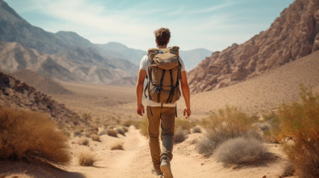 Male hiker, full body, view from behind, walking in the desert - Generative AIの素材