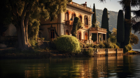 An old Villa at a lake - Generative AIの素材