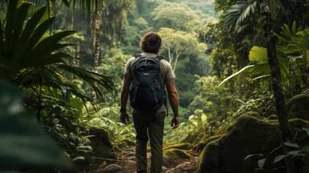 Male hiker, full body, view from behind, walking in the jungle - Generative AIの素材