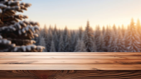 empty wooden table in modern style for product presentation with a blurred winter landscape in the background - Generative AIの素材