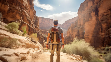 Male hiker, full body, view from behind, walking through a canyon - Generative AIの素材