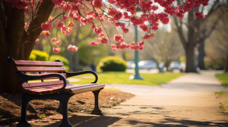 A parkbench at the park during spring - Generative AIの素材