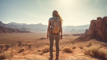 Female hiker, full body, view from behind, standing in the desert - Generative AIの素材