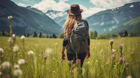 Female hiker, full body, view from behind, standing in a meadow with wildfolwers - Generative AIの素材